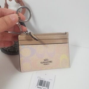 Coach Mini Skinny Id Case In Rainbow Signature Canvas Silver Sand NWT